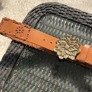 Genuine Leather Belt Cognac Brown Flower Buckle Braided Detail Women's Medium 